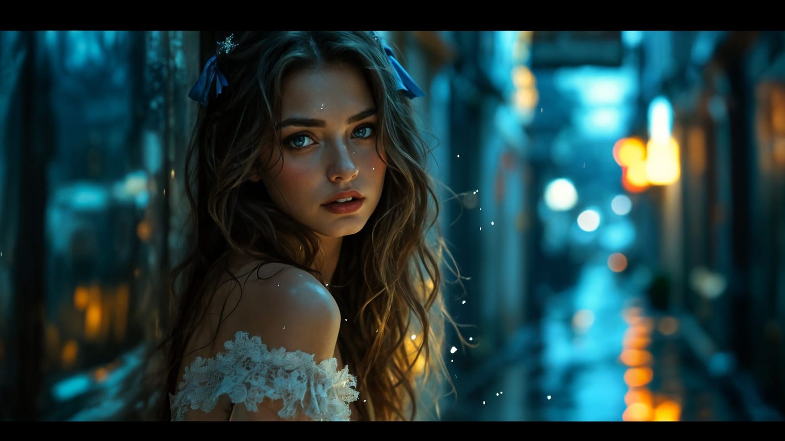 Victorian Woman in Neon City Alley Oil Painting