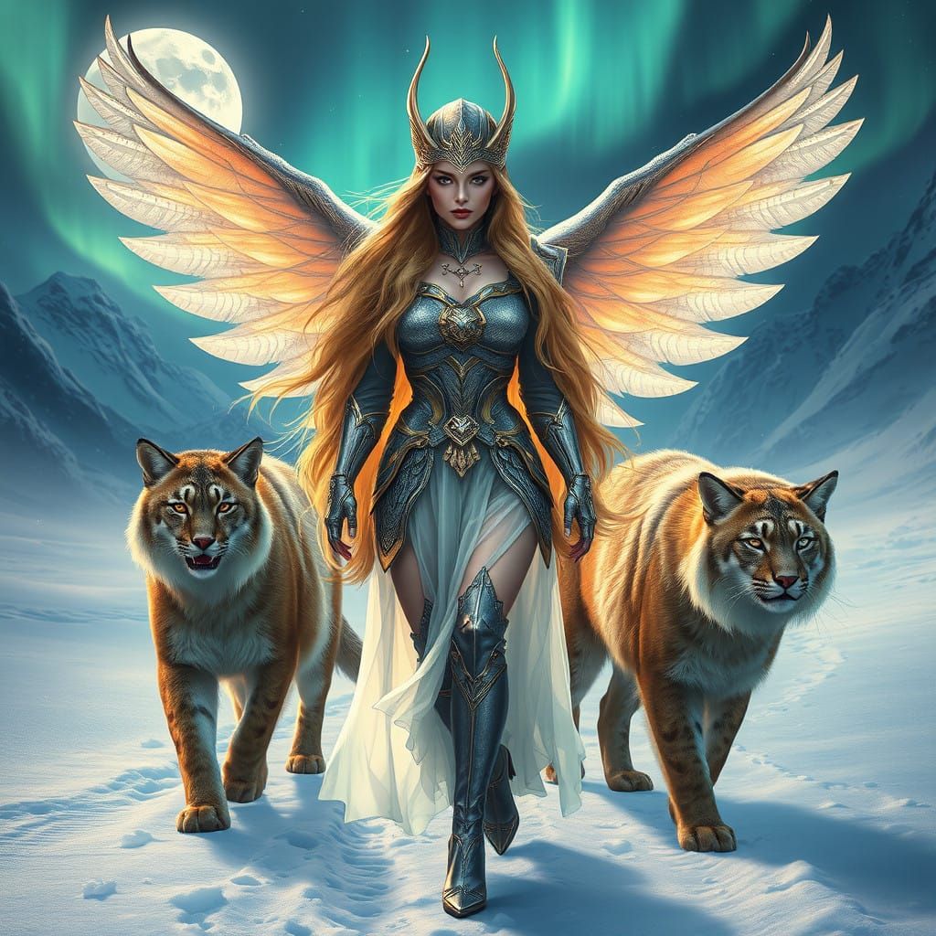 Ethereal Valkyrie Walks Under Aurora Borealis
