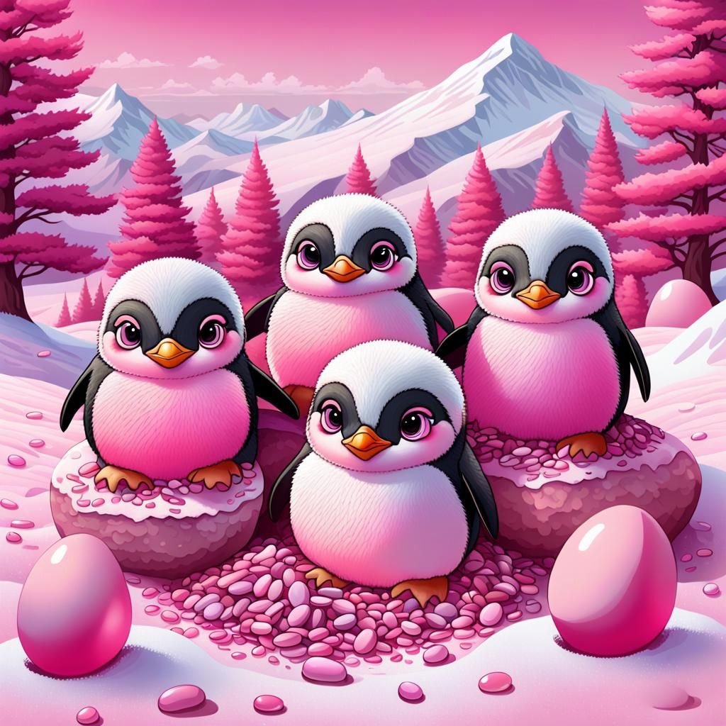 Pink Chibi Penguins Hatching in Snowy Landscape