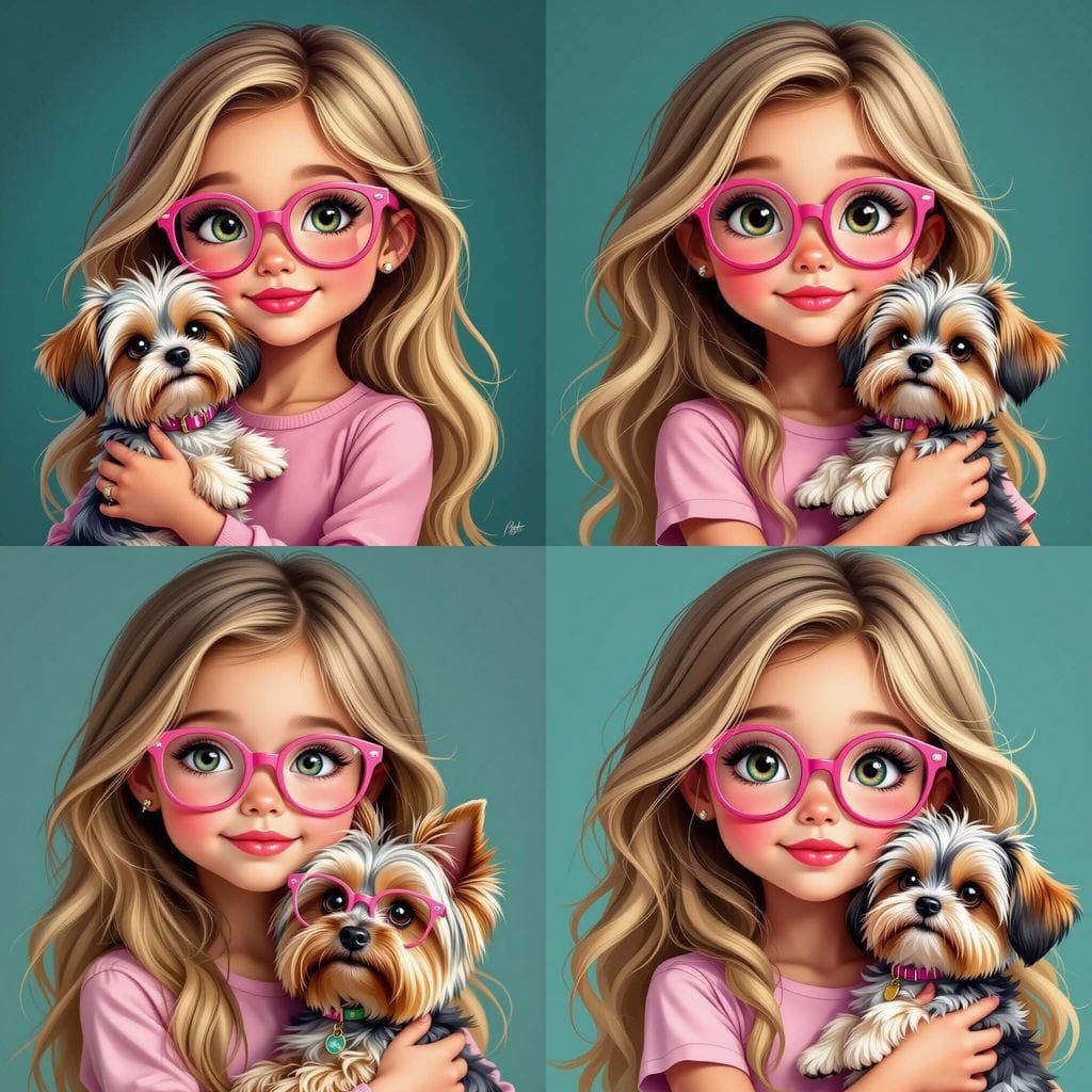 Whimsical Girl with Yorkie, Pink Glasses, Matte Painting Sty...