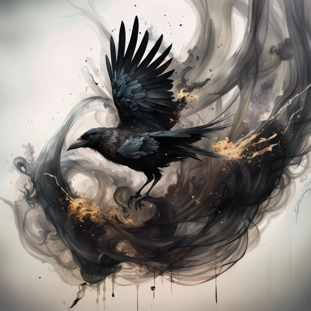 Liquid Ink Raven Dissolving into Smoke, Digital Art