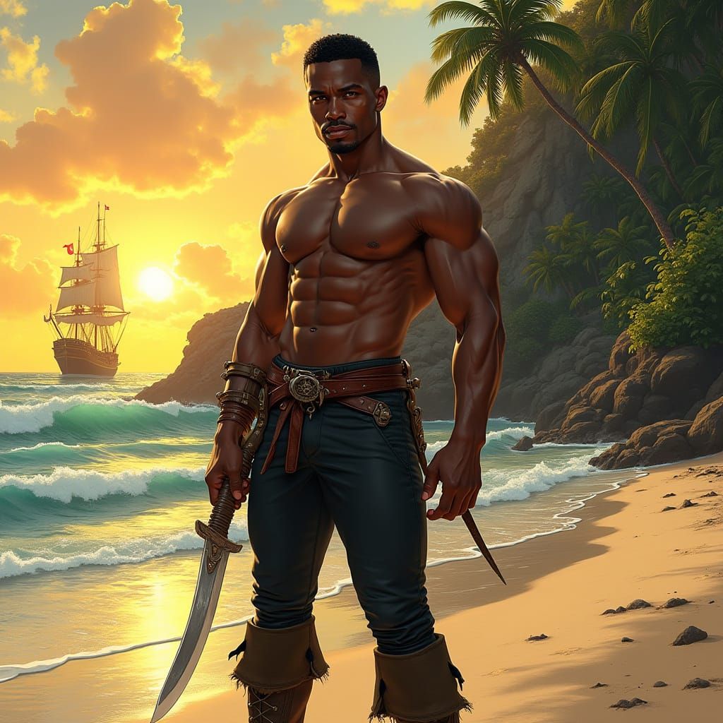 Confident Black Pirate Stands on Sandy Beach with Cutlass