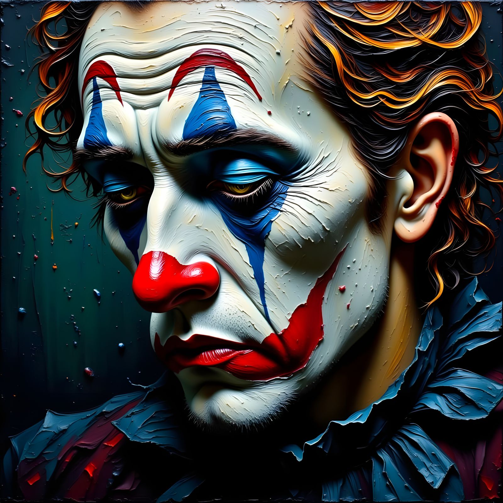 Melancholy Clown Face Impasto Oil Painting