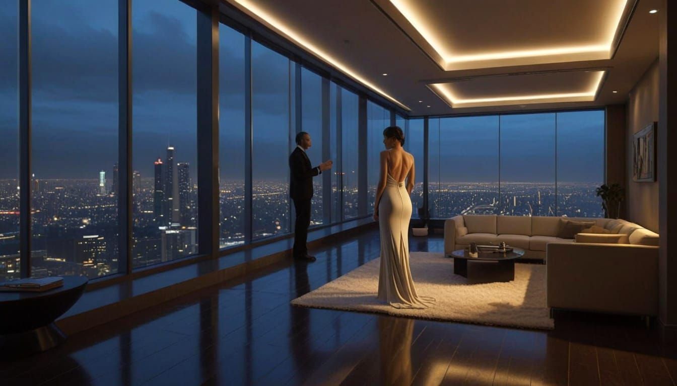 Beautiful Woman in Futuristic Living Room, Evening Attire