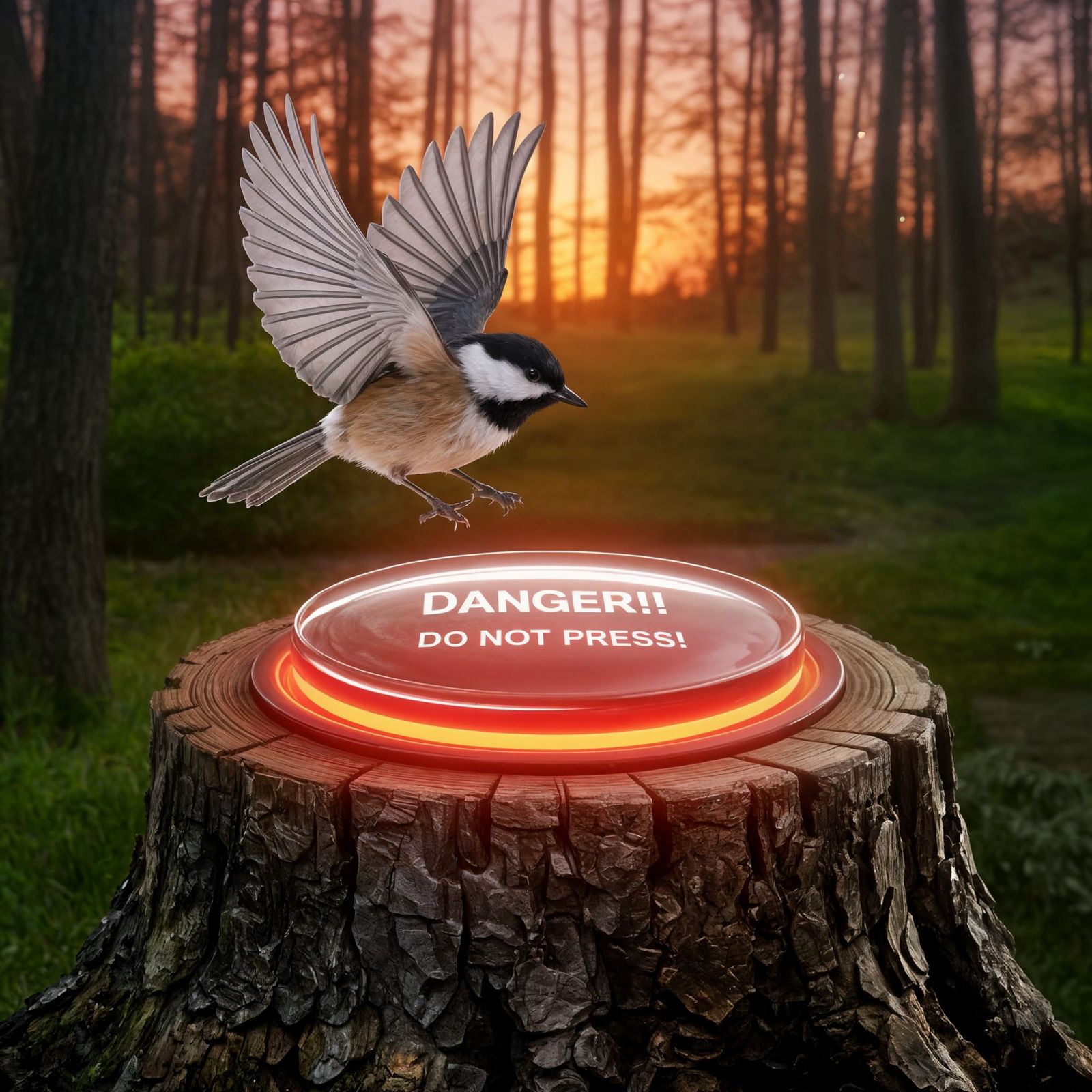 Chickadee Approaches the Glowing Red Button in a Sunset Fore...