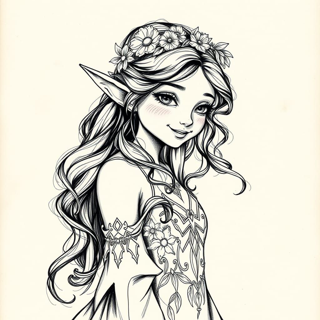 Elegant Elf Maiden Portrait in Black and White