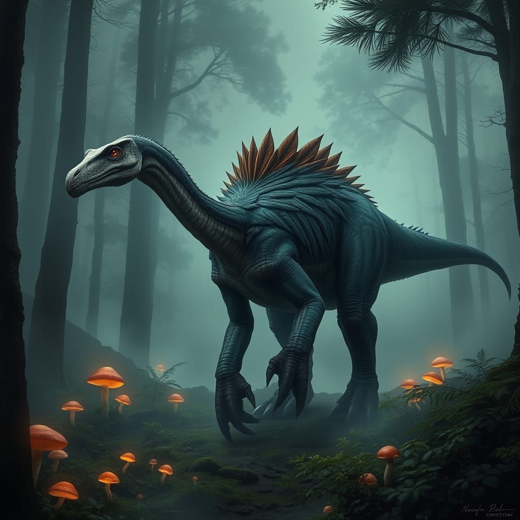 Hyper-realistic and hyper-detailed professional photography: A surreal Therizinosaurus in a prehistoric forest clearing,...