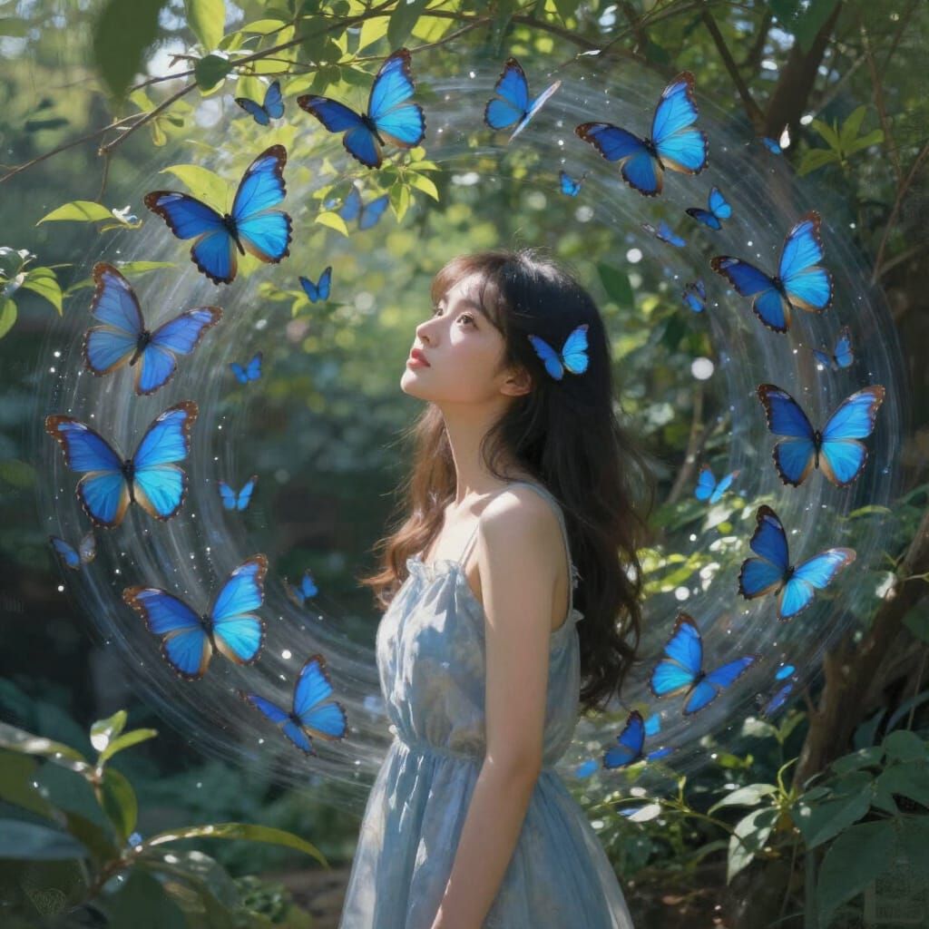 Woman in Garden with Swirling Blue Butterflies