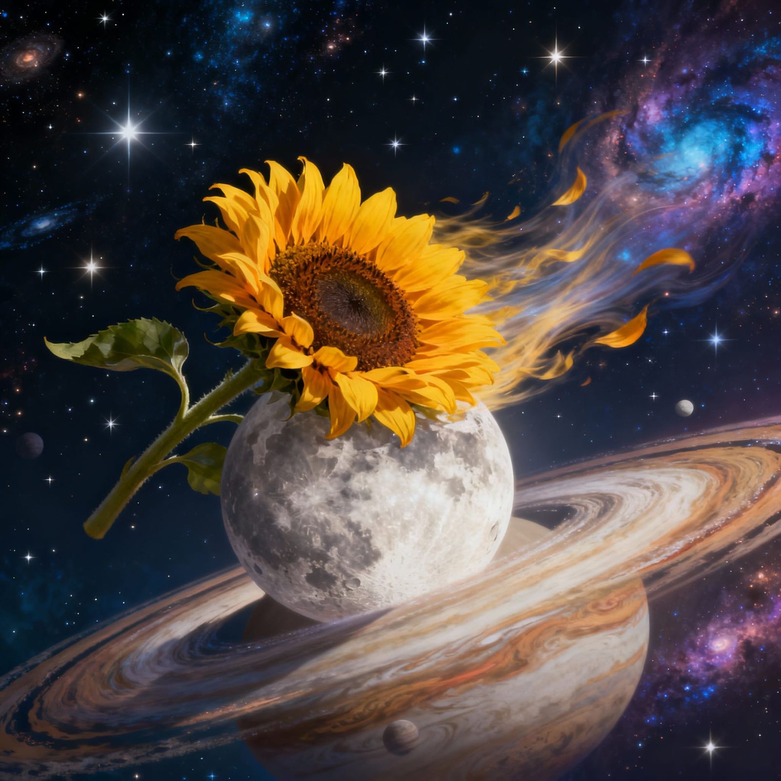 Sunflower Blooms on Moon, Jupiter Breeze Sweeps Petals Throu...