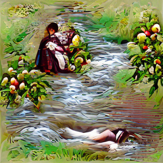 Mother and Son Embrace by Stream Under Apple Trees
