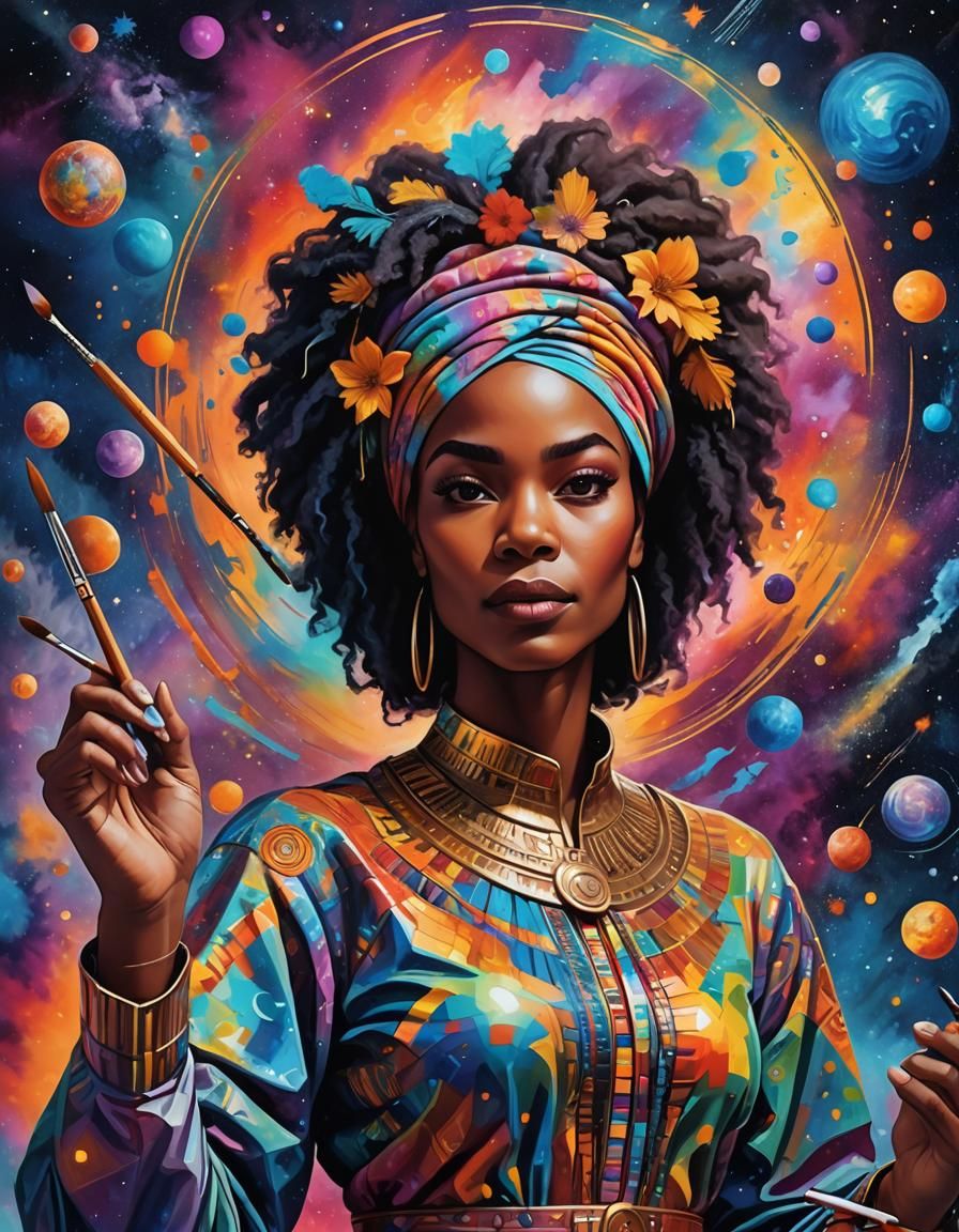 Creative Woman Painting Colorful Cosmic Masterpiece