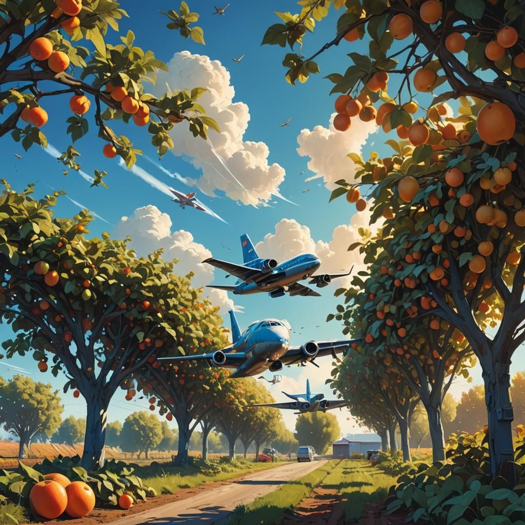Jet Plane Soaring Over Fruit Farm, Matte Painting