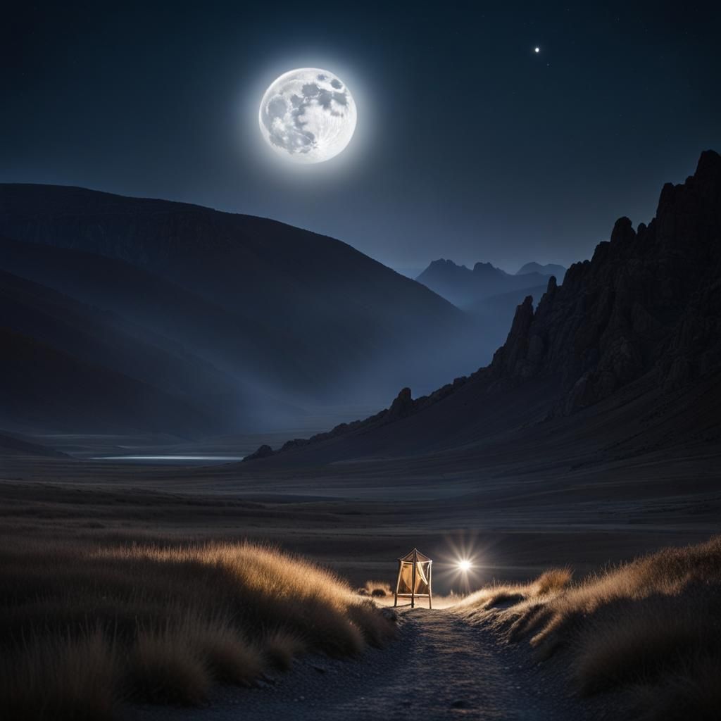 Mysterious Moonlit Mountain Scene with Shepherdess