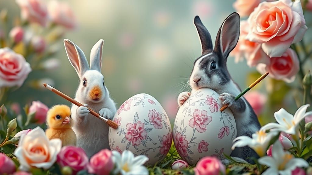 Rabbits and Chicks Painting Easter Eggs