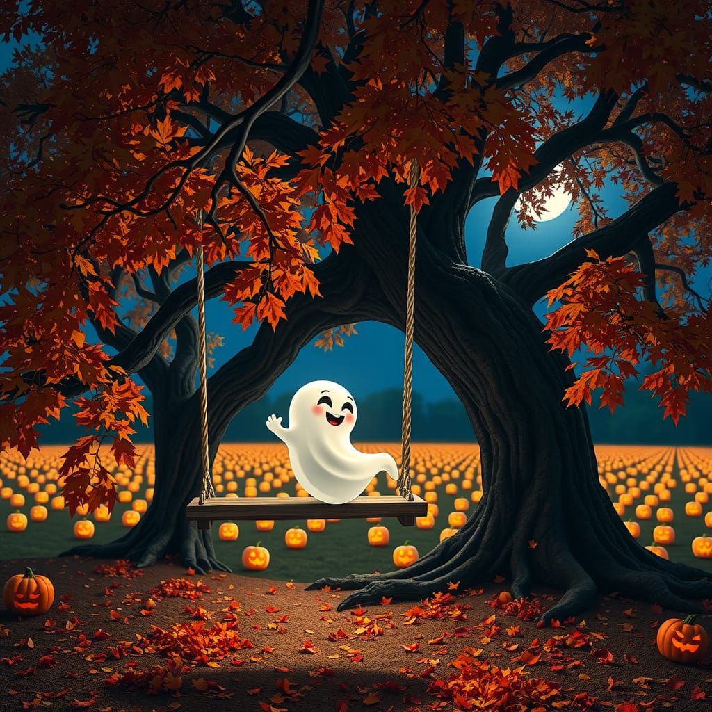 Cute Ghost Swinging Under Autumn Tree at Night