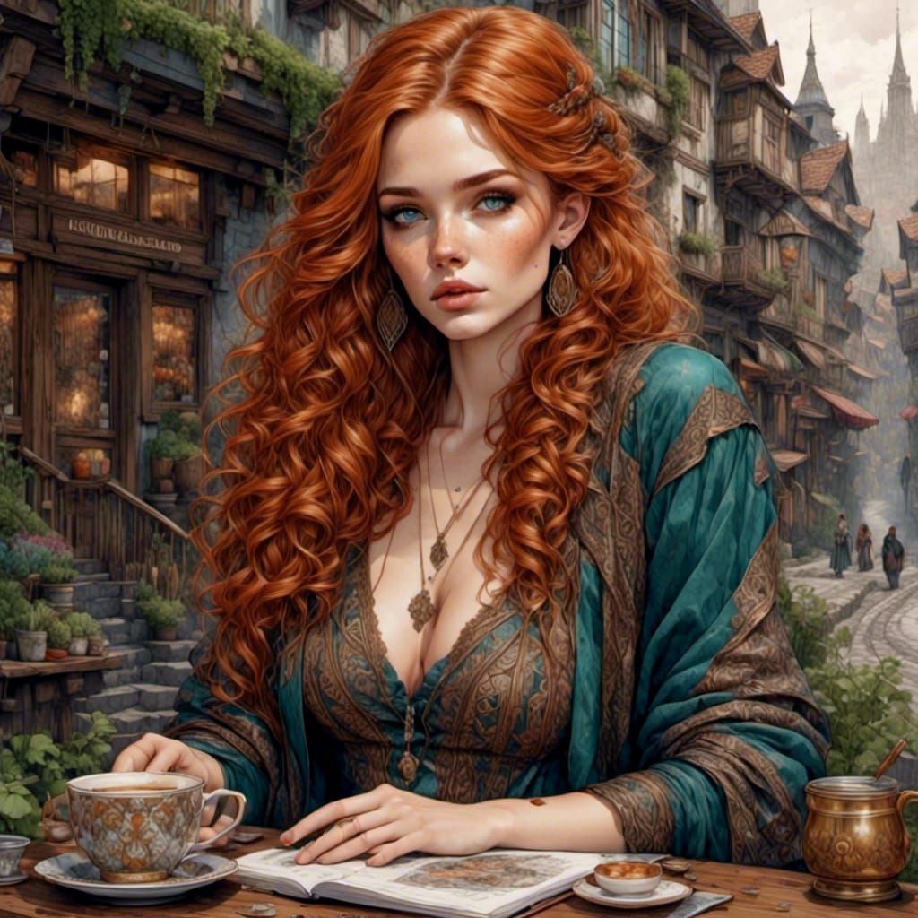 Expressive Woman Sipping Coffee in City, Photorealistic