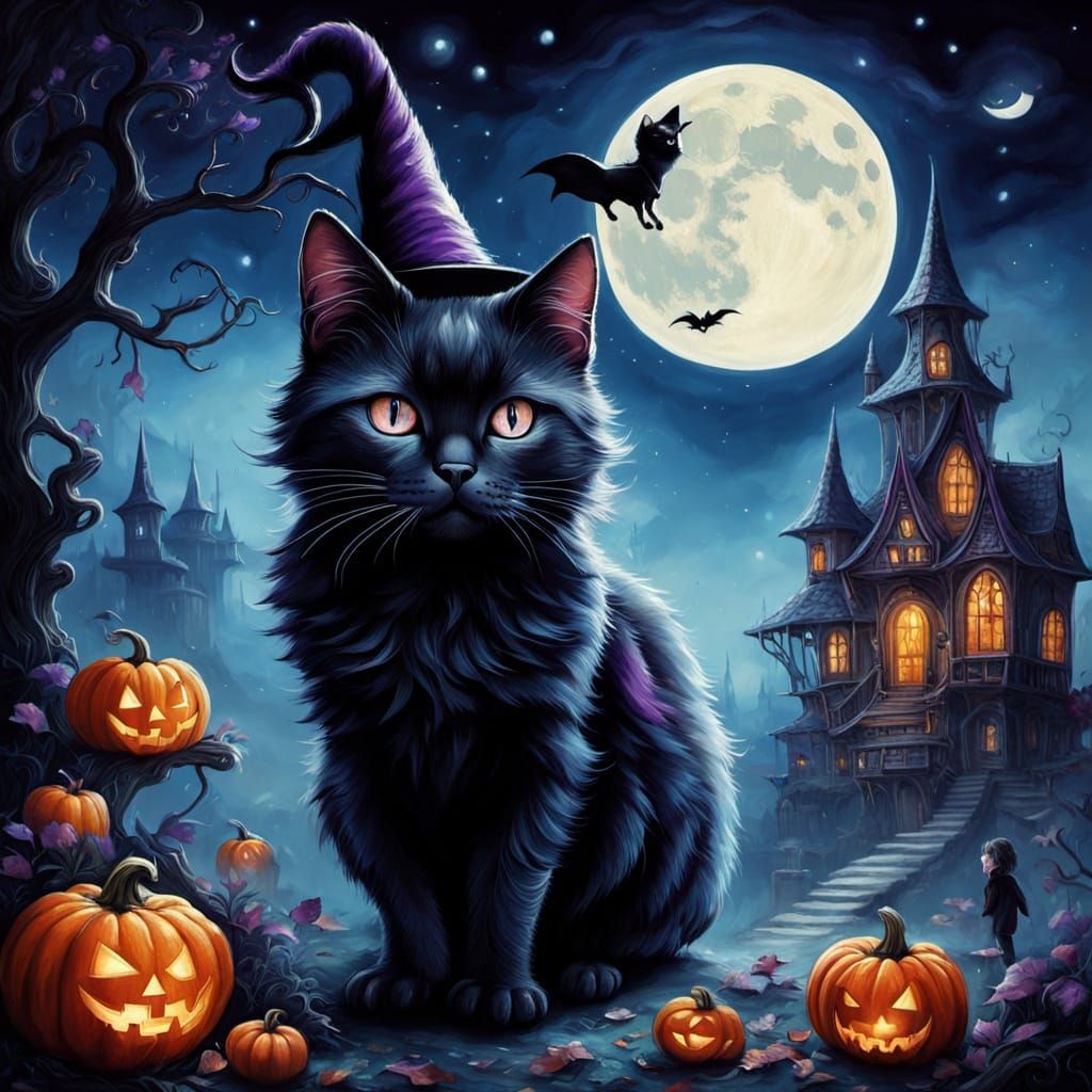 Black Cat Witch Under Ethereal Moonlight