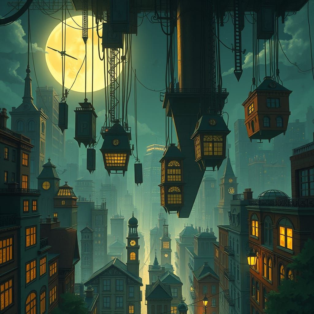 Surreal Inverted Cityscape Backlit by Moon