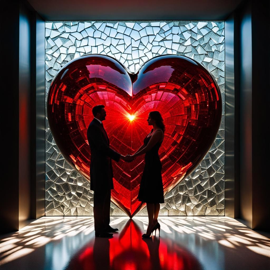Giant Red Glass Heart with Embracing Figures