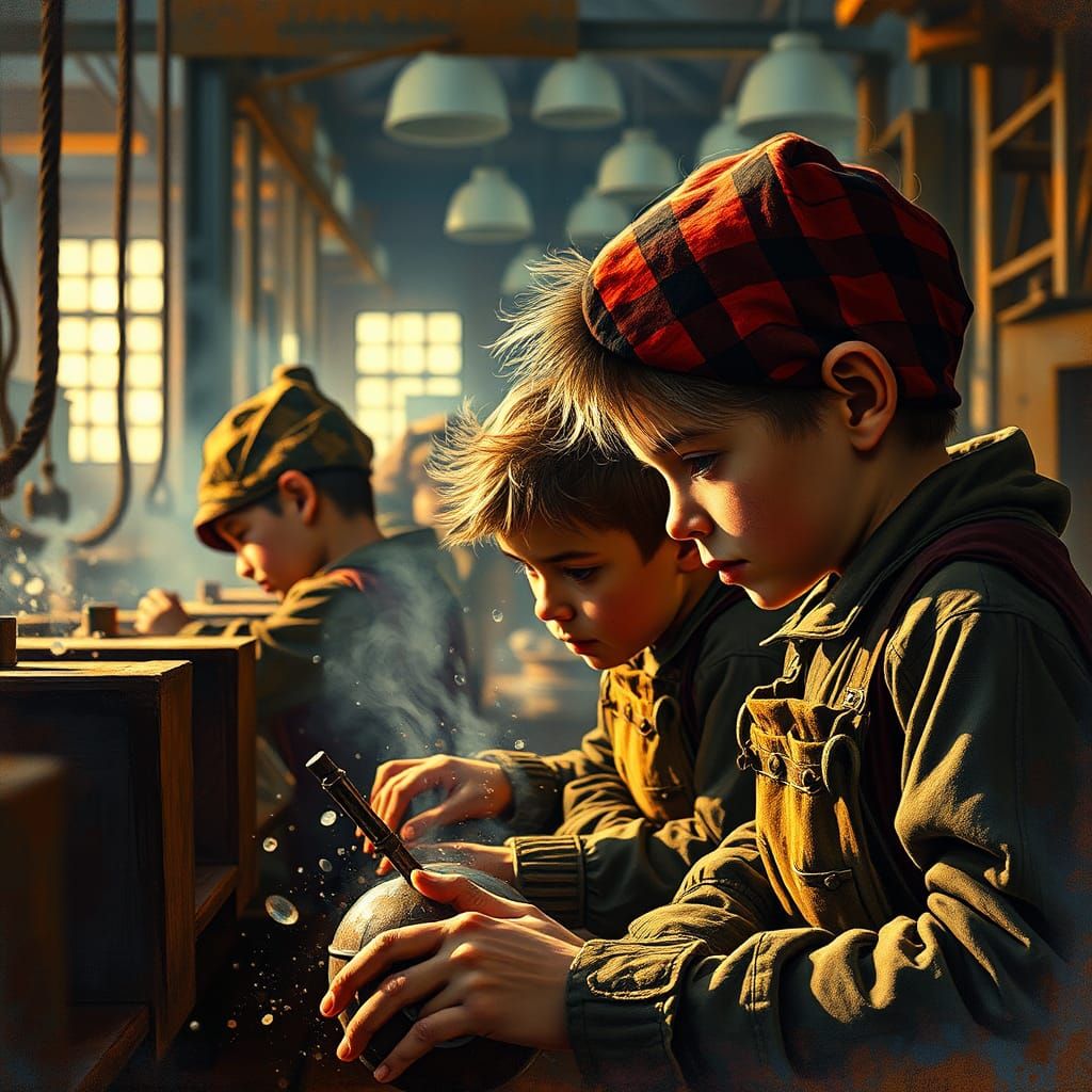 Child Factory Workers in 1930s, Hyperrealistic Splash Art