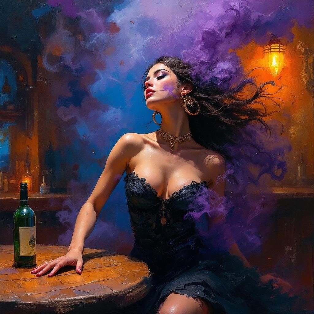 Brunette Dancer in Violet Smoke as Impasto Oil Painting