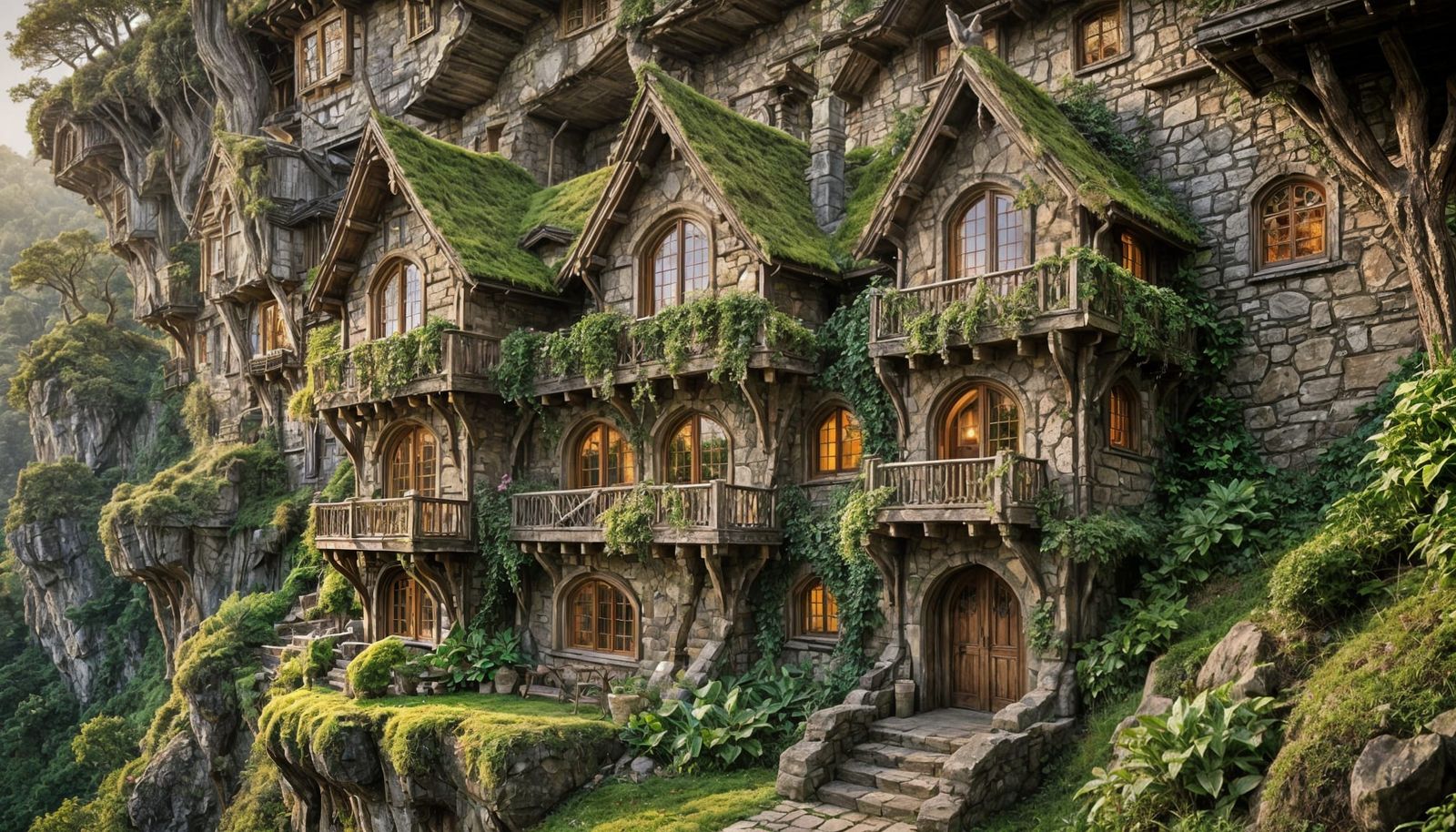 Rustic Elven Cliffside House in Golden Hour Light