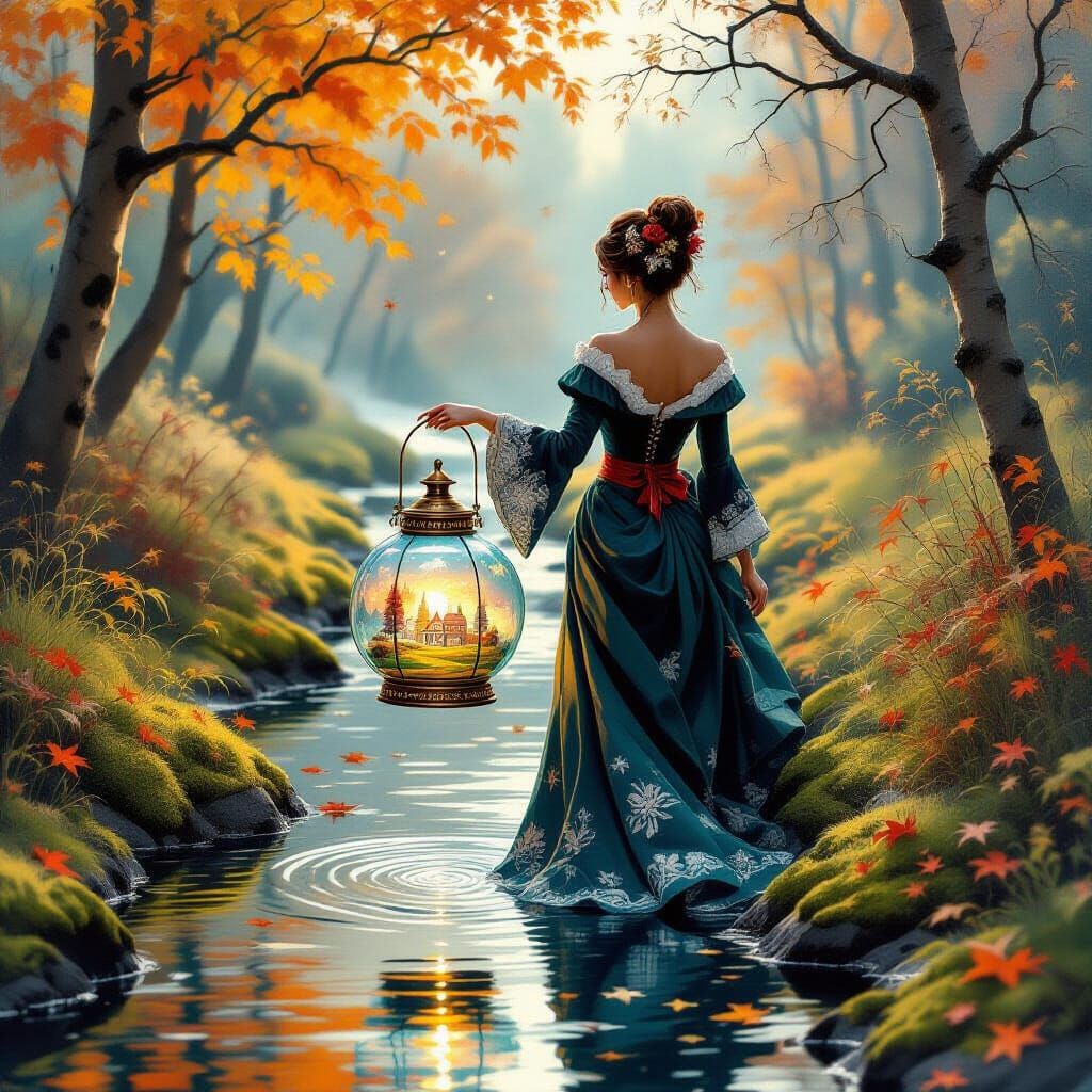 Autumn Fashionista with Magical Lantern Painting