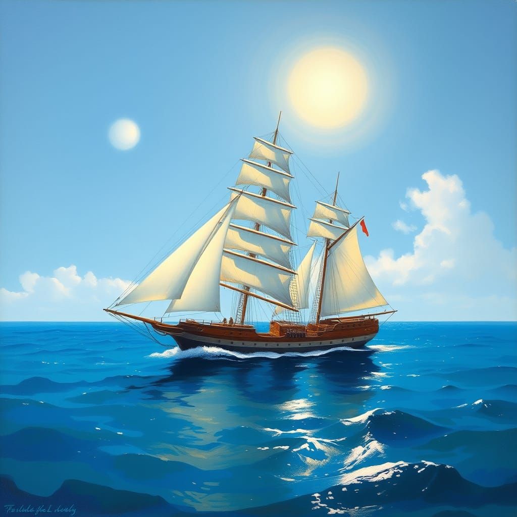 The broad sun,
The bright day:
White sails
On the blue bay:
...