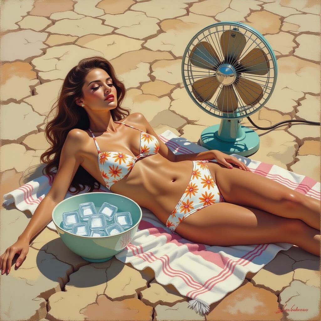 Woman Cooling Off with Retro Fan: Fantasy Oil Painting