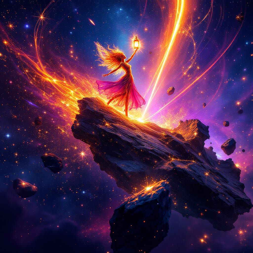 Psychedelic Fire Fairy with Laser Lantern in Deep Space
