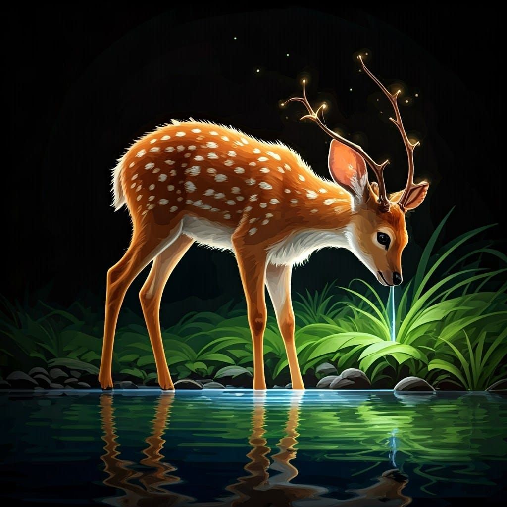 Luminous Deer Drinking Water with Fractal Elements