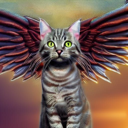 Silver Tabby Cat Ascends with Angel Wings