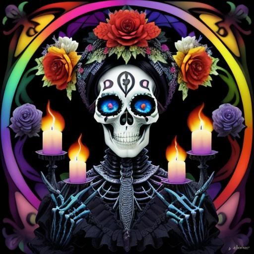 Psychedelic Gothic Skeleton in Multicolored Victorian Lace