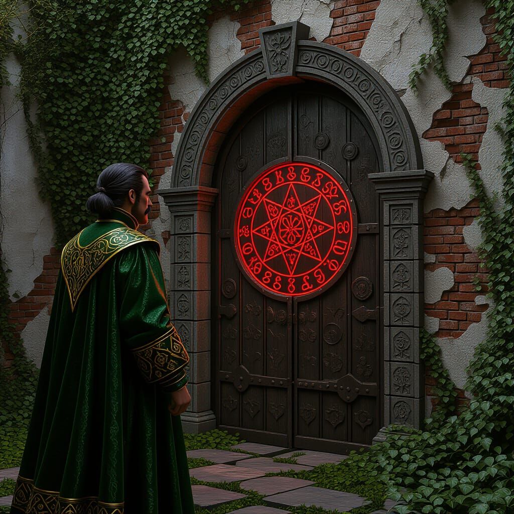 Renaissance Gentleman and Alchemical Door in Ruined Garden