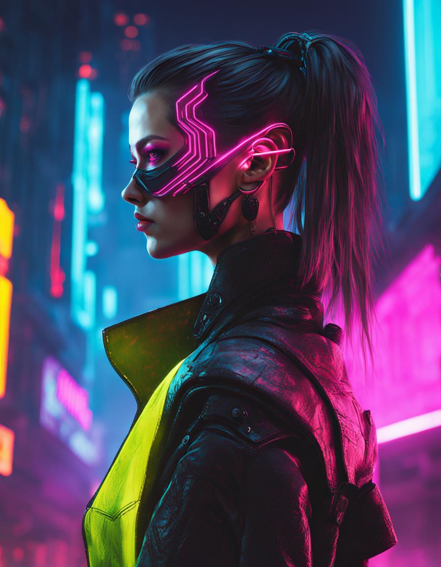 Cyberpunk Woman in Neon Cityscape