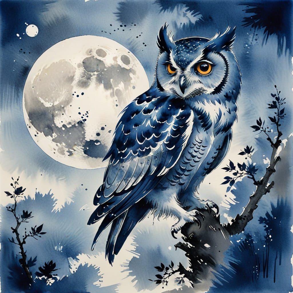 Owl and moon, Hokusai and Yoji Shinkawa, deep blue dominant