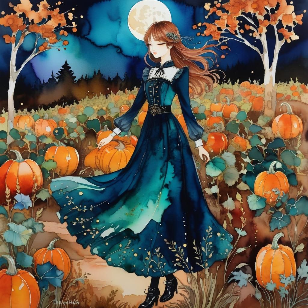 Autumnal Pumpkin Patch Night Garden in Alcohol-Ink Style
