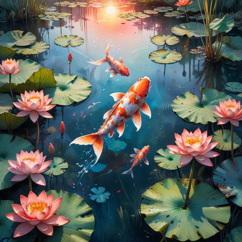 Vibrant Coral Koi in a Sunlit Lotus Pond, Digital Watercolou...