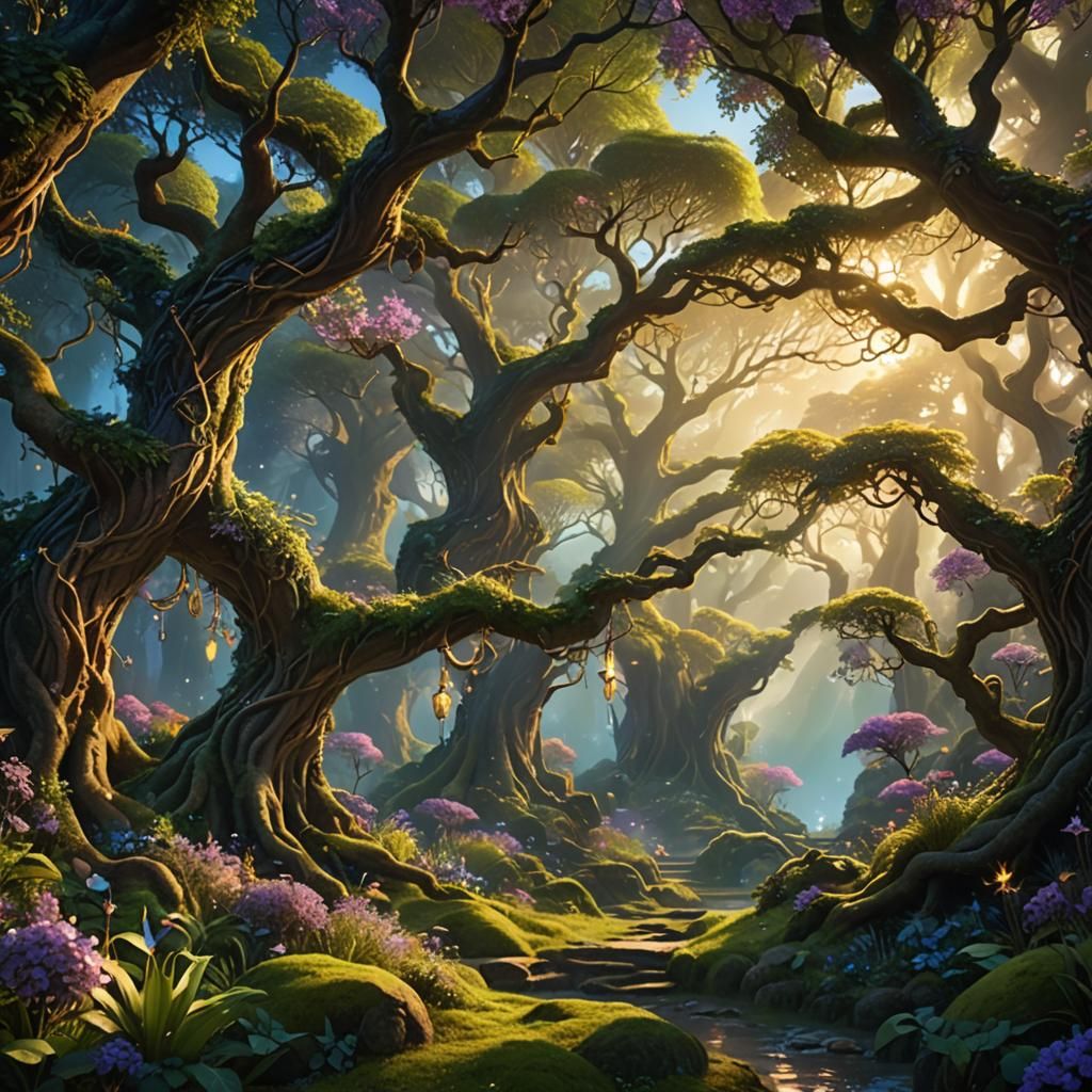 Mystical Elven Garden with Golden Accents