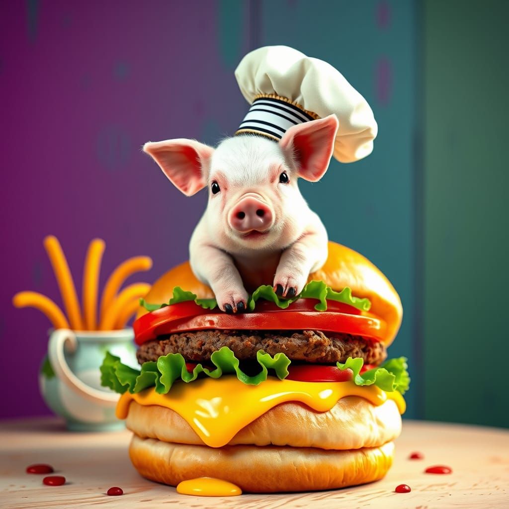 Whimsical Pig Chef Sits on Giant Burger