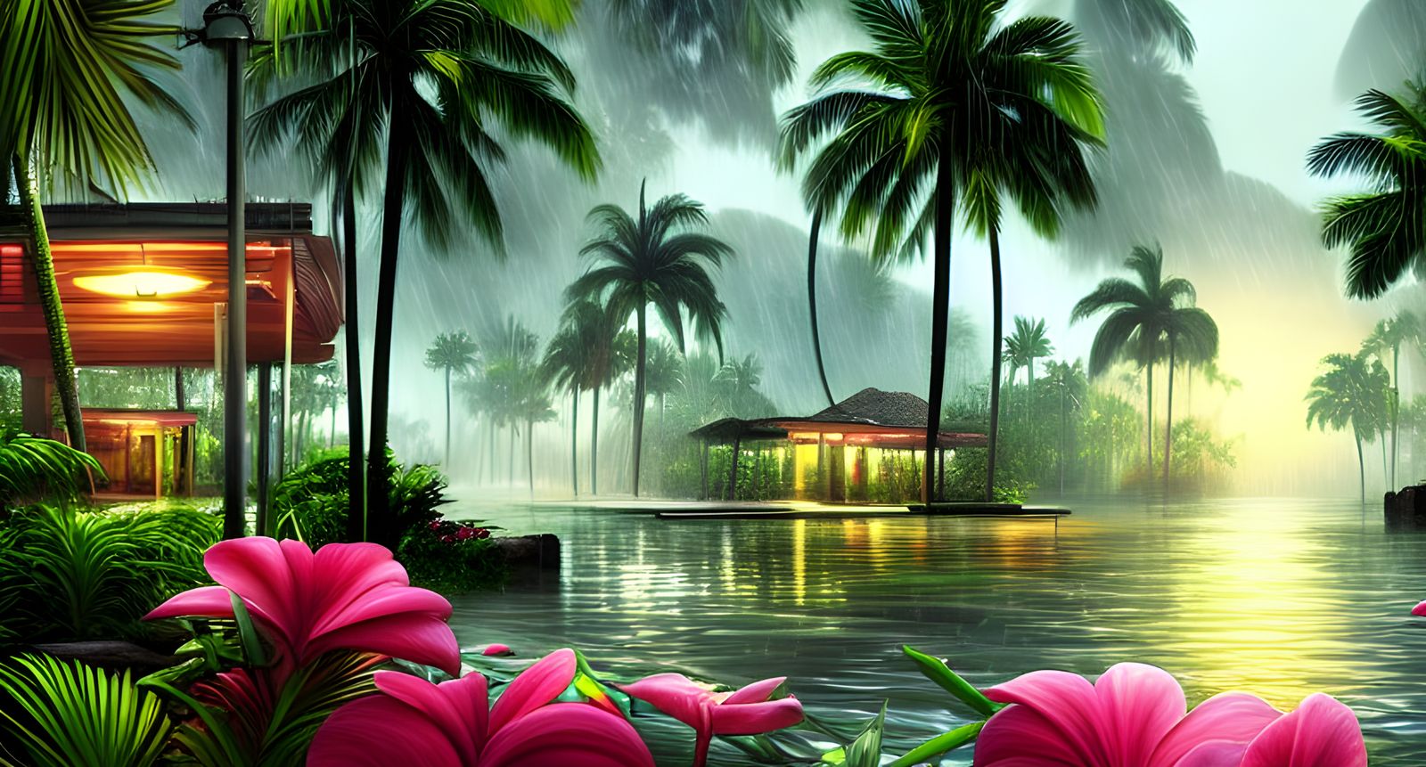 Monsoon on Tropical Island: Hyperrealistic Illustration