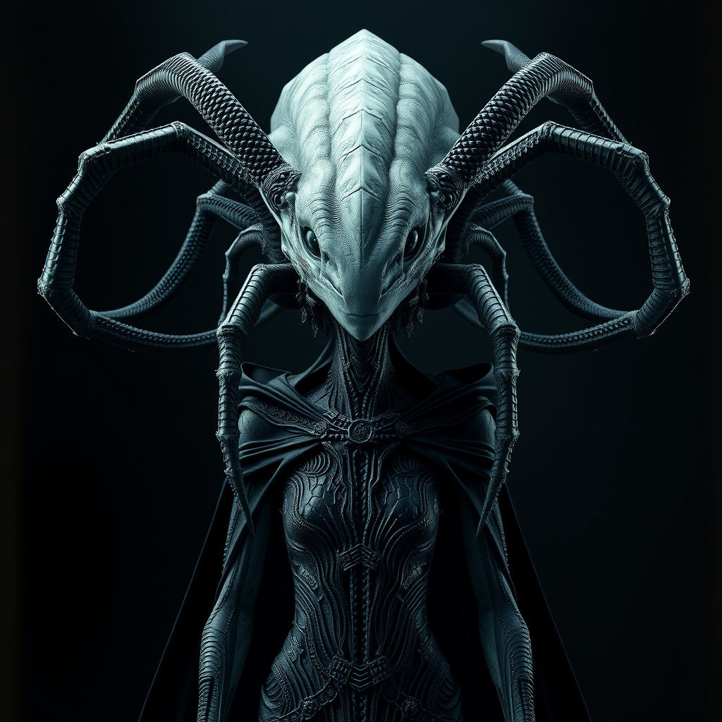 Ethereal Alien Goddess with Spider-Dragon Features in Dark, ...