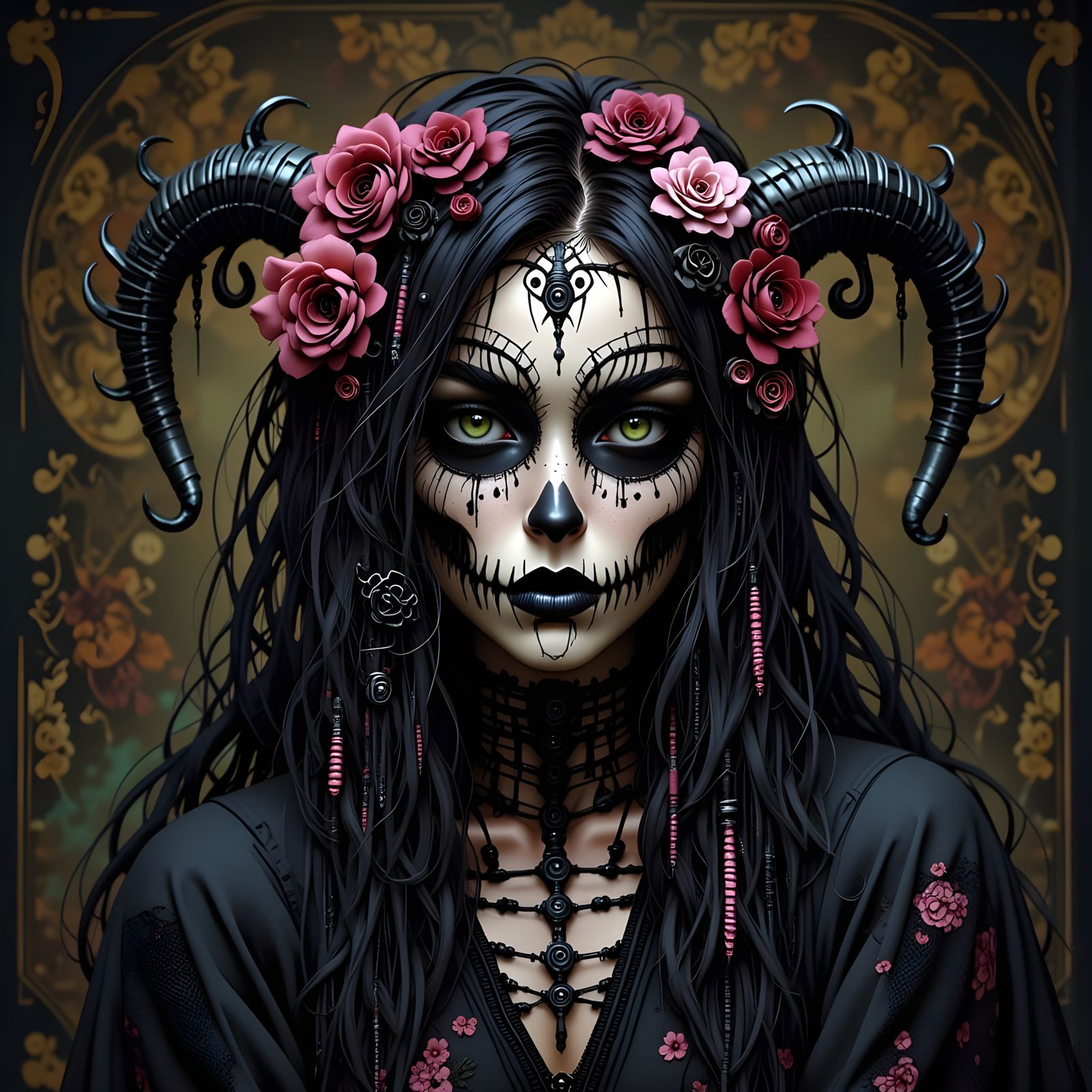 Dark Fantasy Death Mask Portrait in Art Nouveau Style