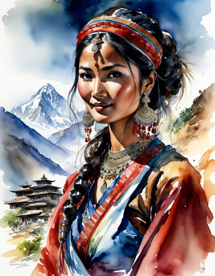 Tibetan Woman in Himalayas: Watercolor Portrait
