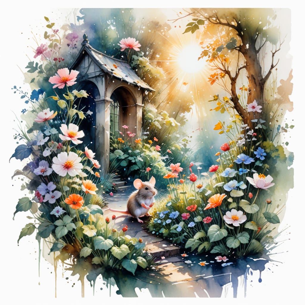 Whimsical Mouse Explores Enchanted Garden