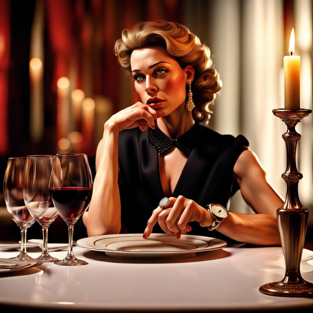 Impatient Woman Waiting in Ornate Italian Restaurant