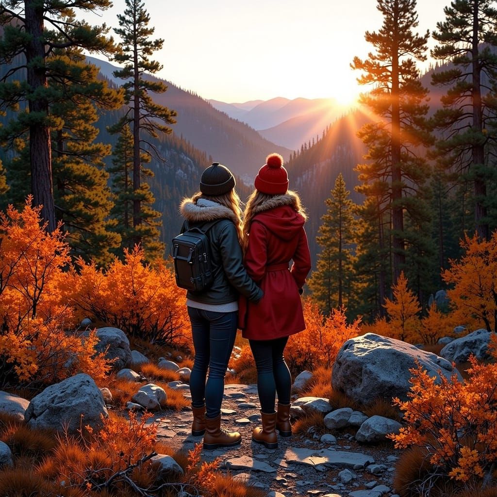 Women Photographing Autumn Foliage in Warm Sunset Light