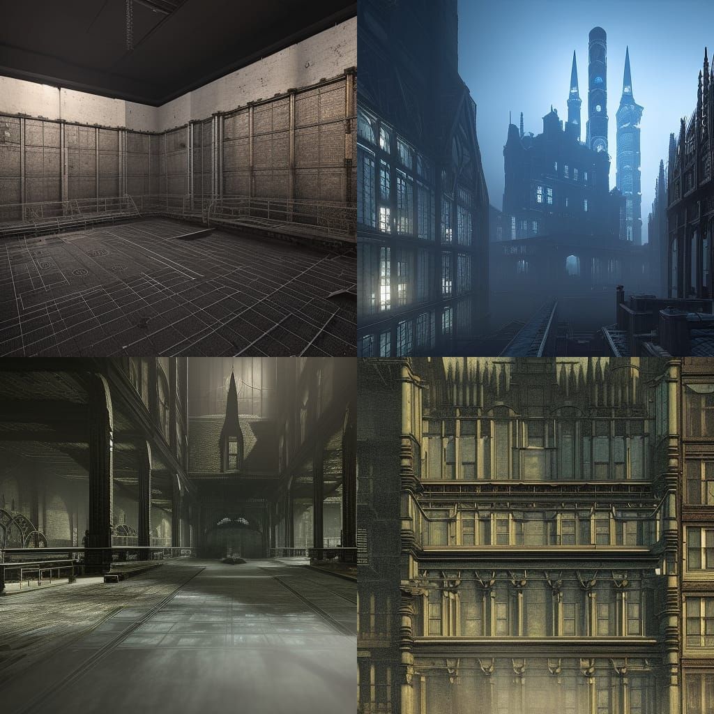 Detailed Blueprints of Arkham Asylum in Gustave Doré Style