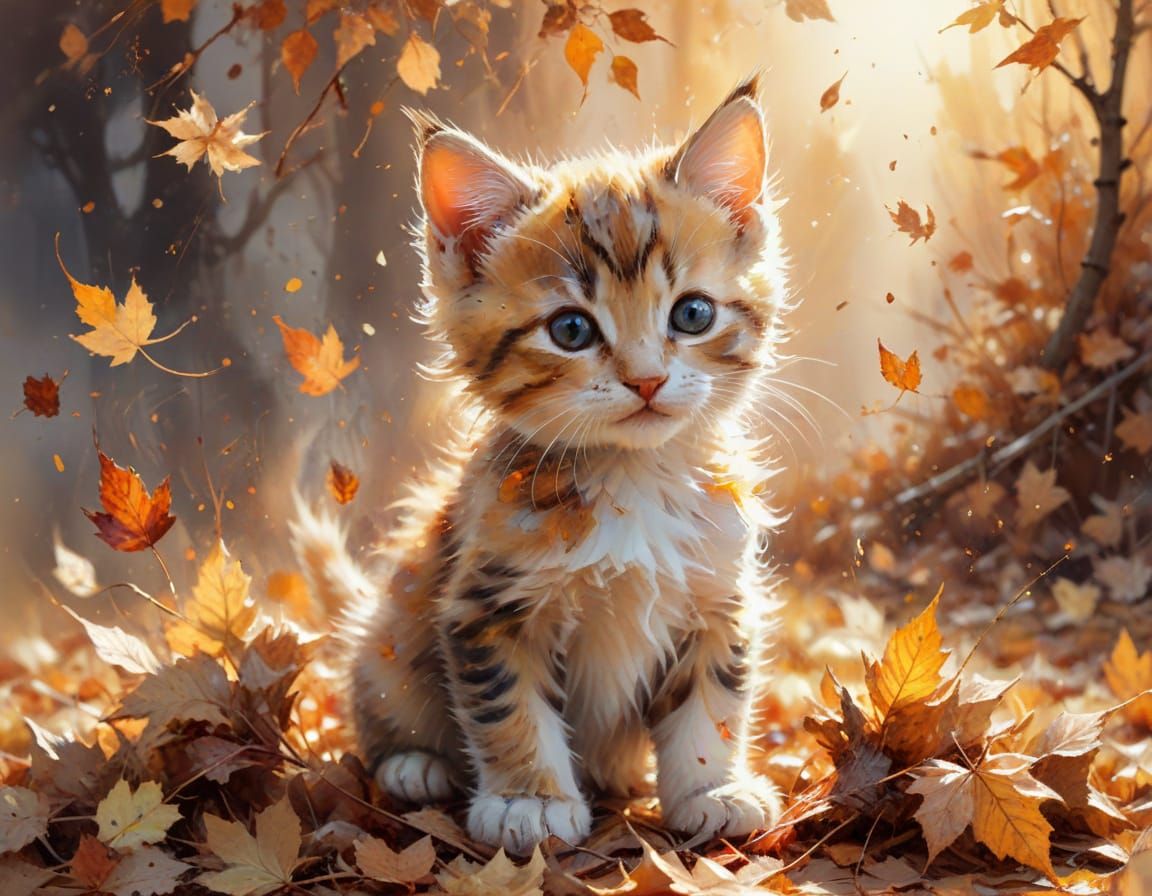 Kitten in Autumn Leaves: Watercolour Painting