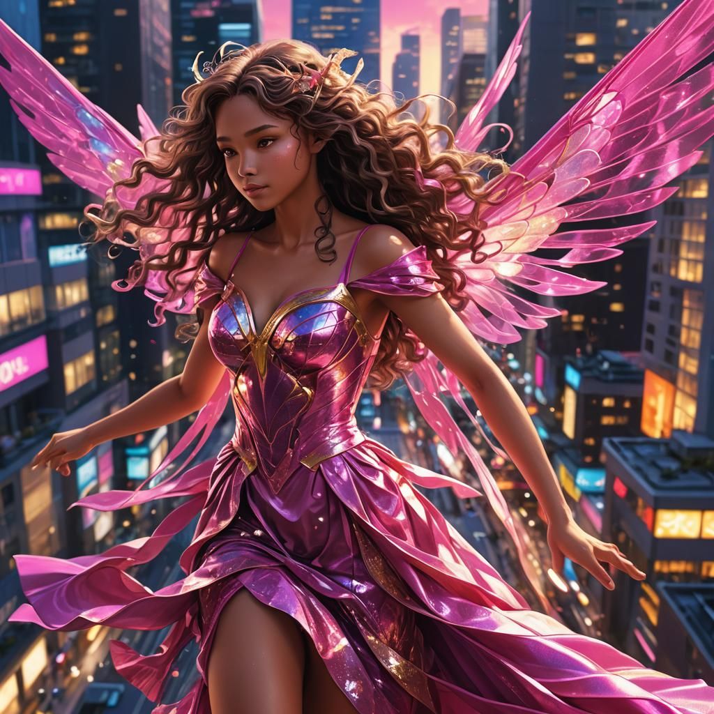 Anime Fairy Flying Through City at Golden Hour